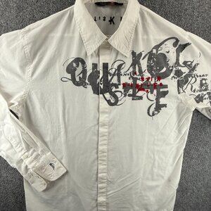 Quiksilver Gray White Cotton Polyester Graphic Print Large Long Sleeve Shirt Men